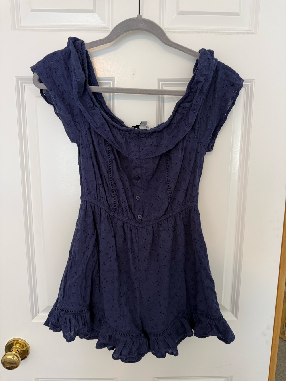 Women's Navy Eyelet Off-Shoulder romper